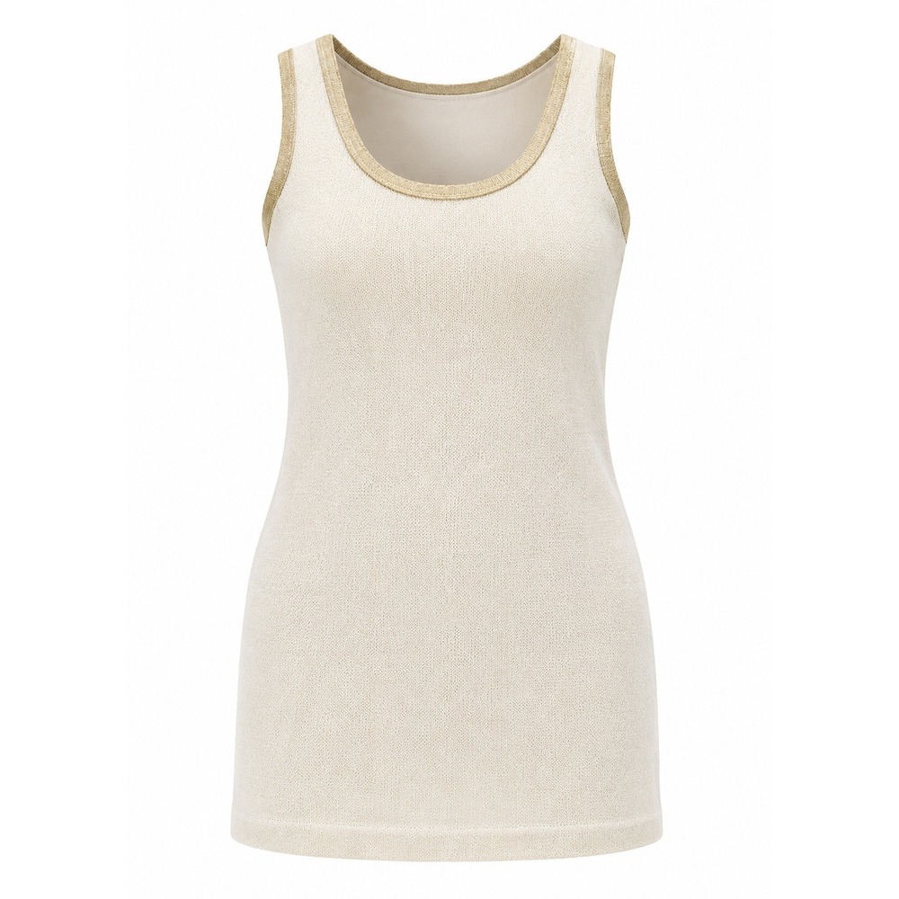 St. John Vintage Knit Dress Size 4 Cream Gold Sleeveless Metallic Sheath Evening